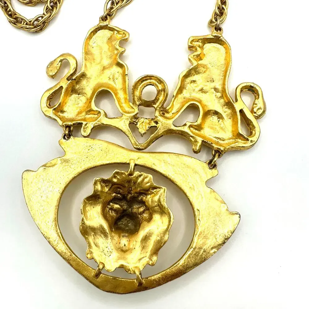 Vintage gold tone chunky massive lion door knocker chain statement necklace